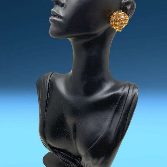 Vintage 1960's Amber Crystal Button Cluster Earrings Clip On Runway Couture - Picture 2 of 6